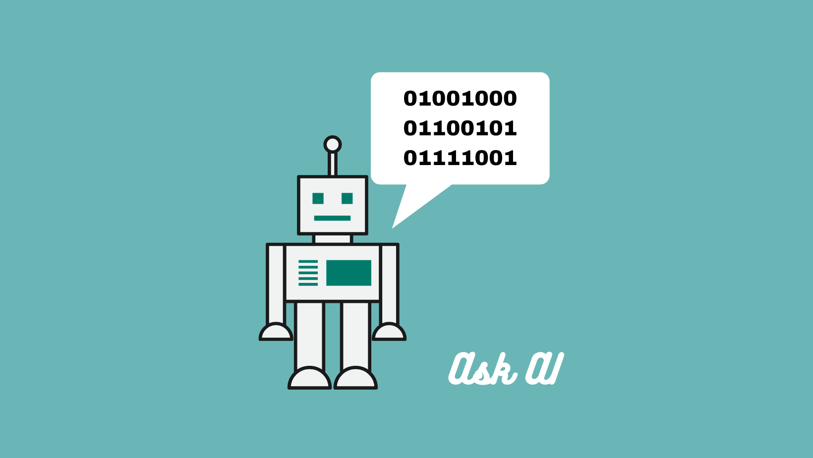 A graphic of a robot speaking in binary