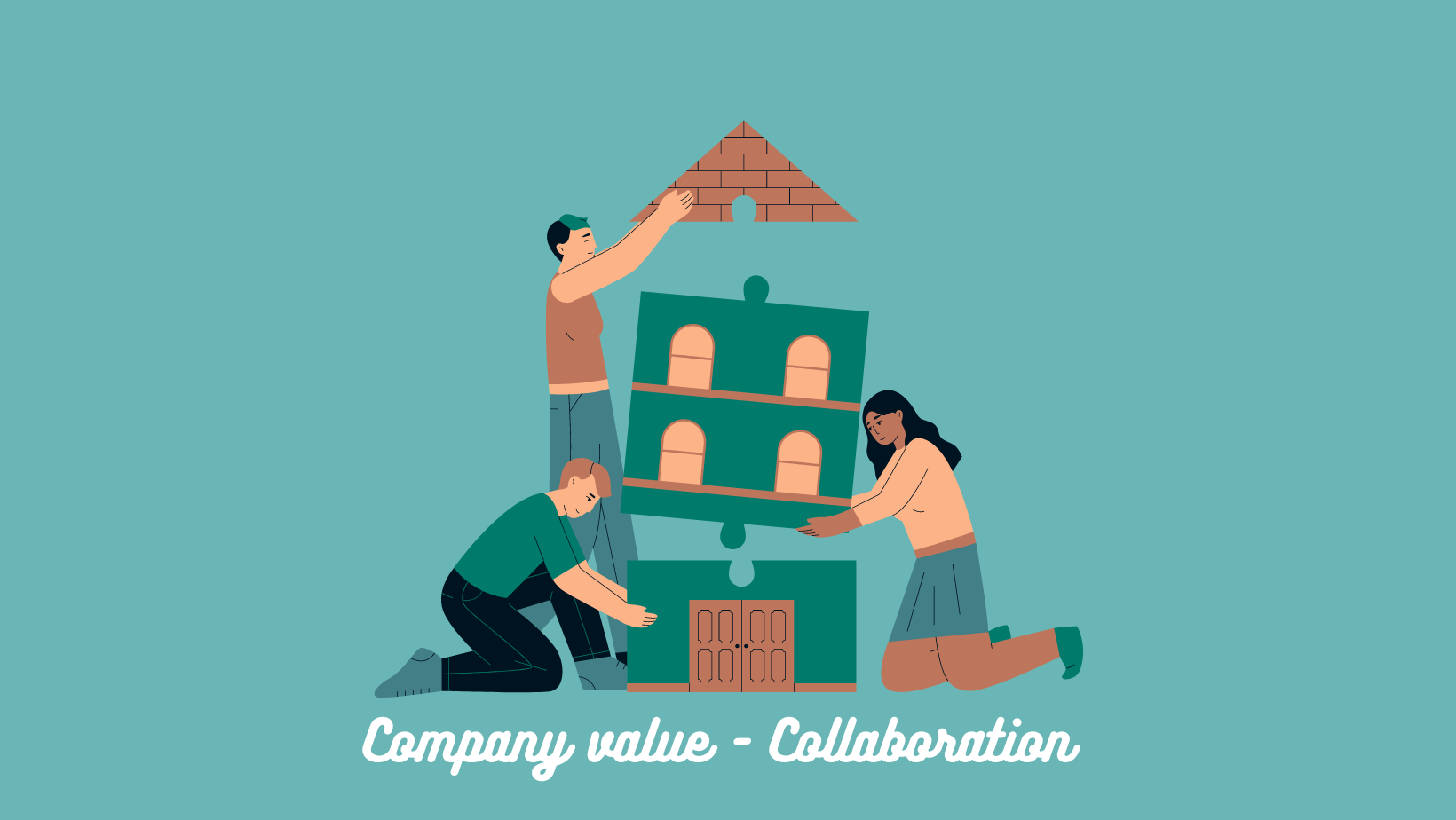 An image depicting three people working together to build a house.