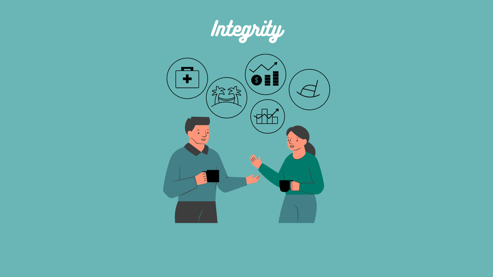 Two characters discussing company business and integrity