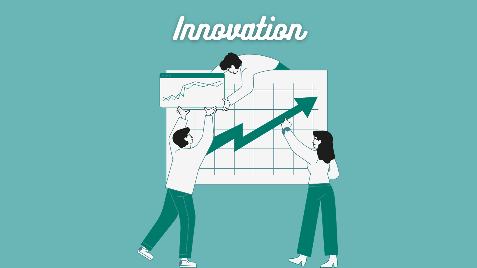An illustration depicting three people working together on planning and analysing data to create something new.