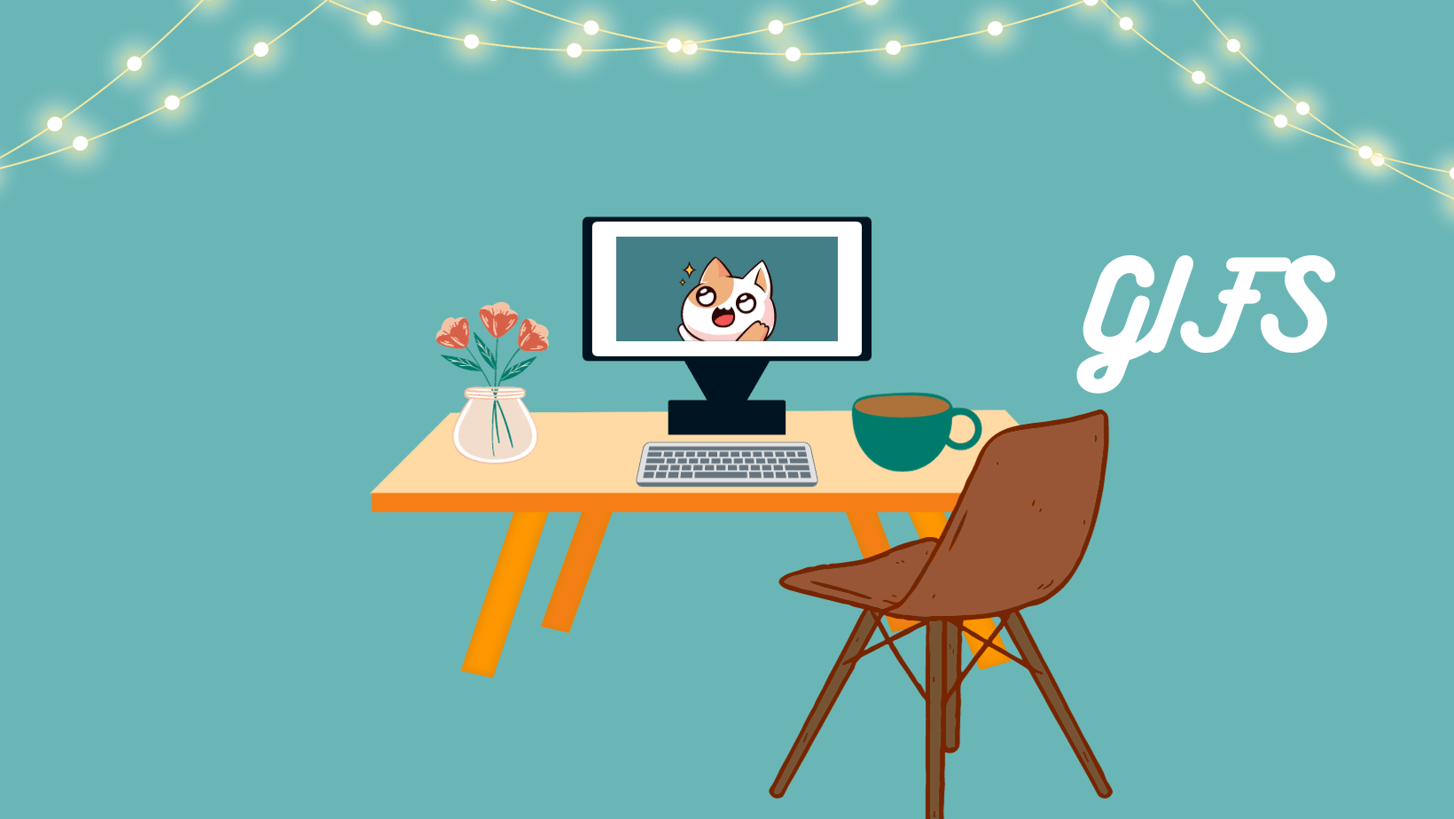 An illustration of a desk with a monitor displaying a smiling cat