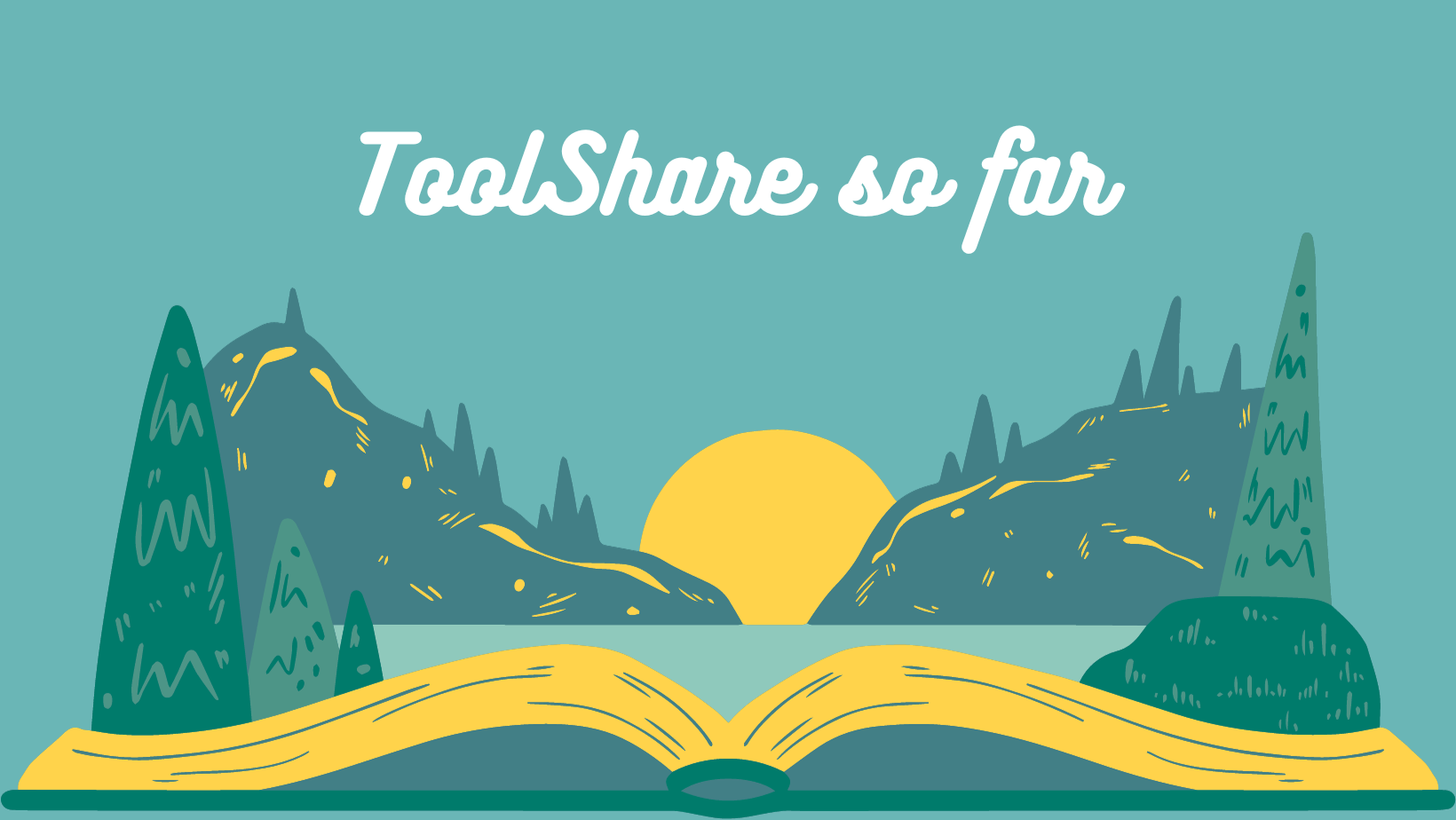 An illustration of a forested valley with a sunset in the centre, between the hills, all emerging from the pages of an open book.